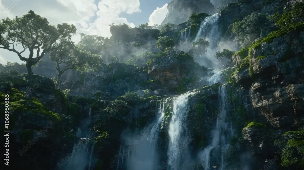 Wide waterfall cascading down moss-covered rocks, with gentle mist and trees surrounding the serene setting Wide waterfall cascading down moss-covered rocks, with gentle mist and trees surrounding the serene setting