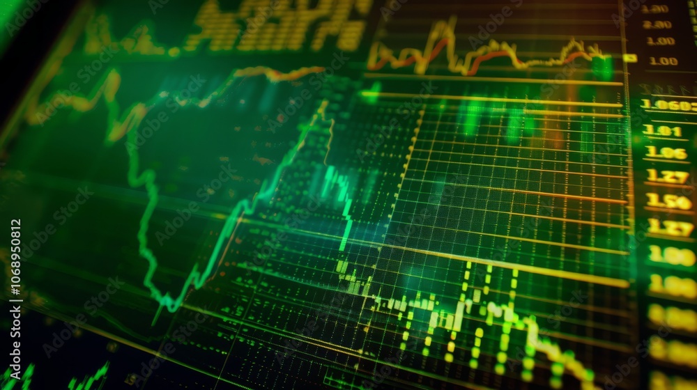 Fototapeta premium Close-up of digital stock market screen showing dividend stock graph with upward trend line,symbolizing financial growth and investment success