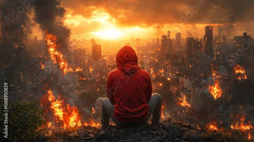 Man in hoodie gazing over a dystopian, apocalyptic urban landscape ravaged by a terrible war over dwindling natural resources sparked by climate change in a dystopic world on the brink of collapse