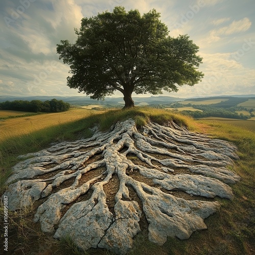 Majestic Tree with Exposed Roots on a Hilltop