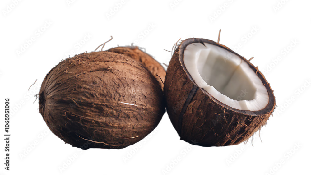 Brown coconut shell opened fresh tropical fruit isolated on transparent background. Brown coconut shell opened fresh tropical fruit isolated on transparent background.