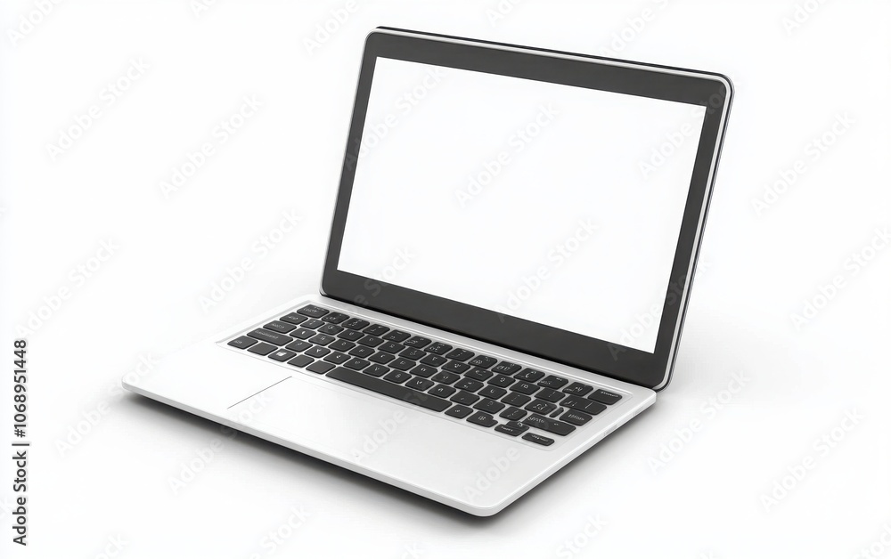 A high-resolution mock-up of a notebook computer with a blank screen, positioned in a modern office room with a blurred background A high-resolution mock-up of a notebook computer with a blank screen, positioned in a modern office room with a blurred background