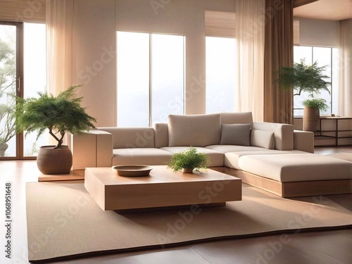 Japanese-style interior with a large window in a modern living room. Minimalist design in light shades - generative AI