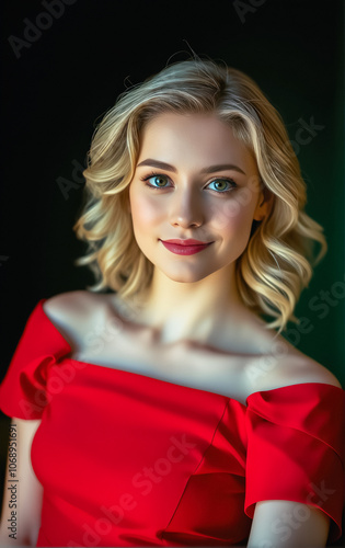 Portrait Attractive young woman in red dress. Outfit for New Year's party.