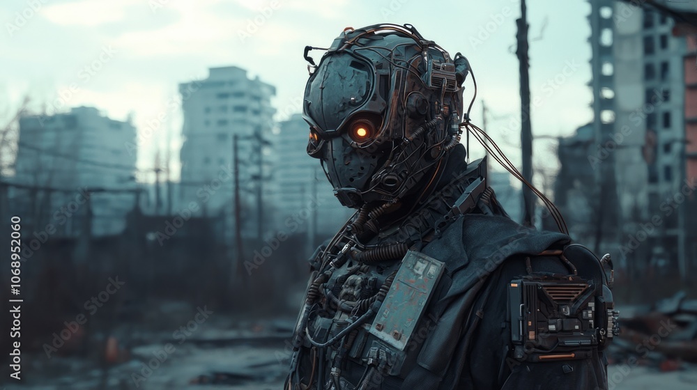 Post-Apocalyptic Dieselpunk Survivor Standing Defiantly in a Ruined City Post-Apocalyptic Dieselpunk Survivor Standing Defiantly in a Ruined City