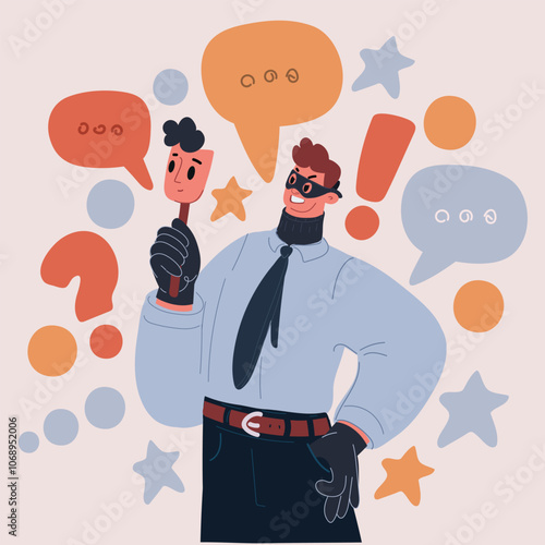 Cartoon vector illustration of a villain in an office suit hiding their face behind a mask, symbolizing deception and secrecy