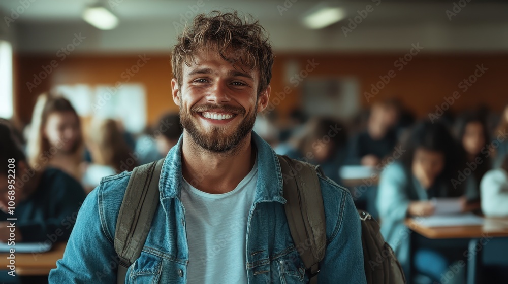 Young male student wearing a denim jacket and backpack smiling brightly in a classroom, surrounded by other students studying diligently at their desks. Young male student wearing a denim jacket and backpack smiling brightly in a classroom, surrounded by other students studying diligently at their desks.