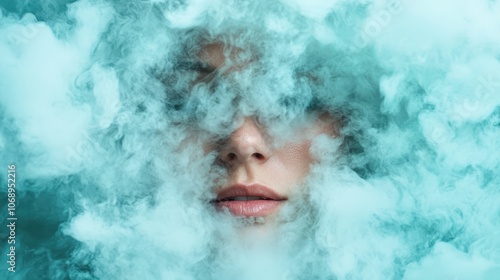 A shrouded face emerges from the depths of enveloping blue smoke, creating an enigmatic and ethereal scene that captivates and invites deeper reflection.