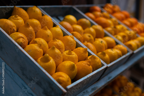 Lemons and oranges. Yellow and orange. Supermarket counter. Thanksgiving day. Tropical fruits. Vegetarian food. Strengthening immunity. Natural vitamins against colds and flu. Healthy food. photo