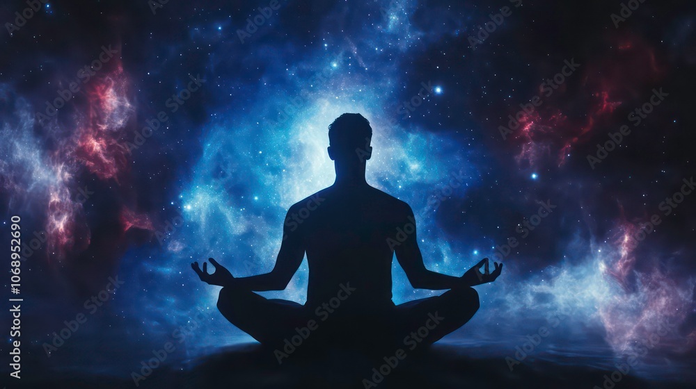 A silhouette meditating against a cosmic background, symbolizing peace and introspection. A silhouette meditating against a cosmic background, symbolizing peace and introspection.
