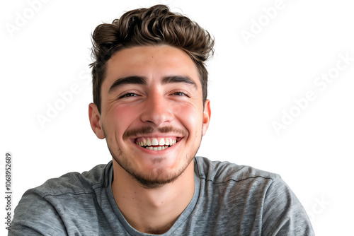 Portrait of a smiling man, laughing with a joyful expression, isolated on transparent background