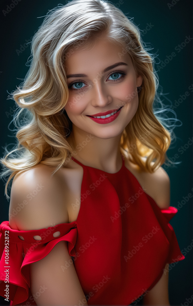 Naklejka premium Portrait Attractive young woman in red dress. Outfit for New Year's party.