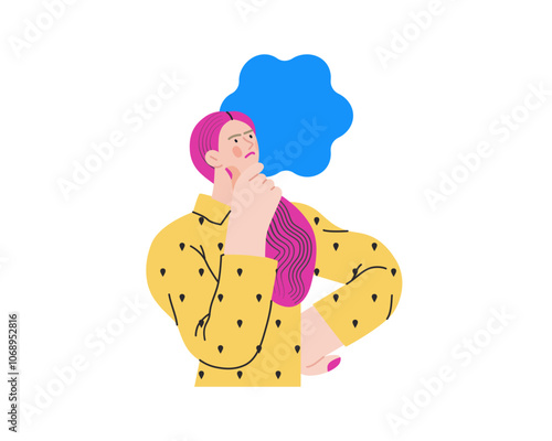 Thinking people, modern flat vector concept illustration- woman standing thoughtfully, looking upwards, bubble near head Metaphor for reflection, analysis, introspection, contemplation, deep thought