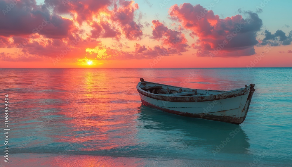 Serene Sunset Over Calm Waters with Boat Serene Sunset Over Calm Waters with Boat