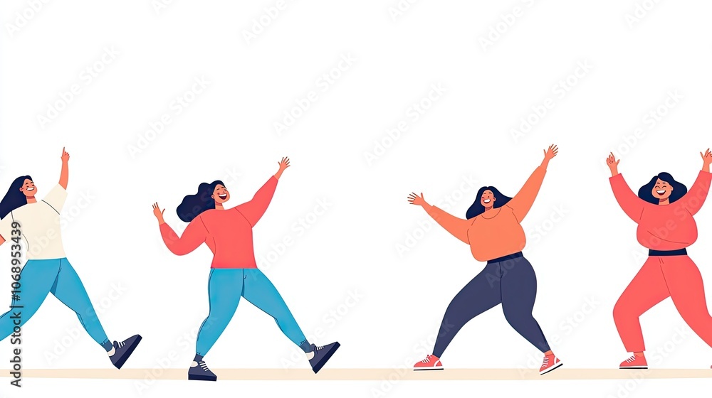 Group of diverse women dancing joyfully together with colorful outfits, full of energy and happiness. Group of diverse women dancing joyfully together with colorful outfits, full of energy and happiness.