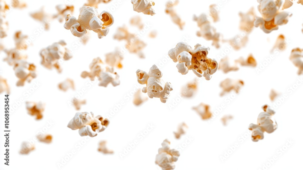 Popcorn falling on a white background. Concept of movie night, snack, and food. Popcorn falling on a white background. Concept of movie night, snack, and food.