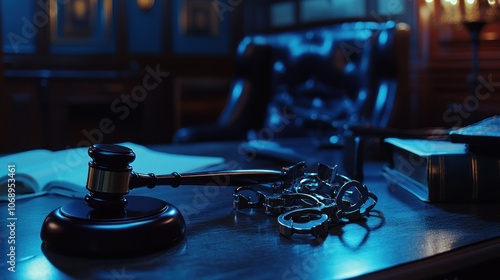 Gavel, Handcuffs and Law Book on a Table