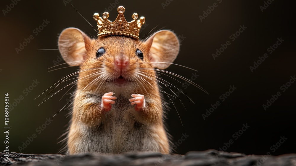 A charming and delightful mouse with large ears and endearing eyes wears a golden crown, set against a dark backdrop, evoking a playful fantasy theme. A charming and delightful mouse with large ears and endearing eyes wears a golden crown, set against a dark backdrop, evoking a playful fantasy theme.
