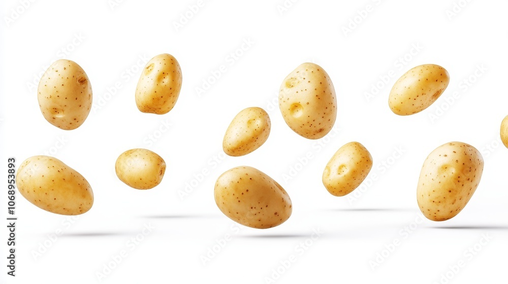 Obraz premium Floating potatoes on a white background, representing healthy, nutritious food or cooking ingredients.