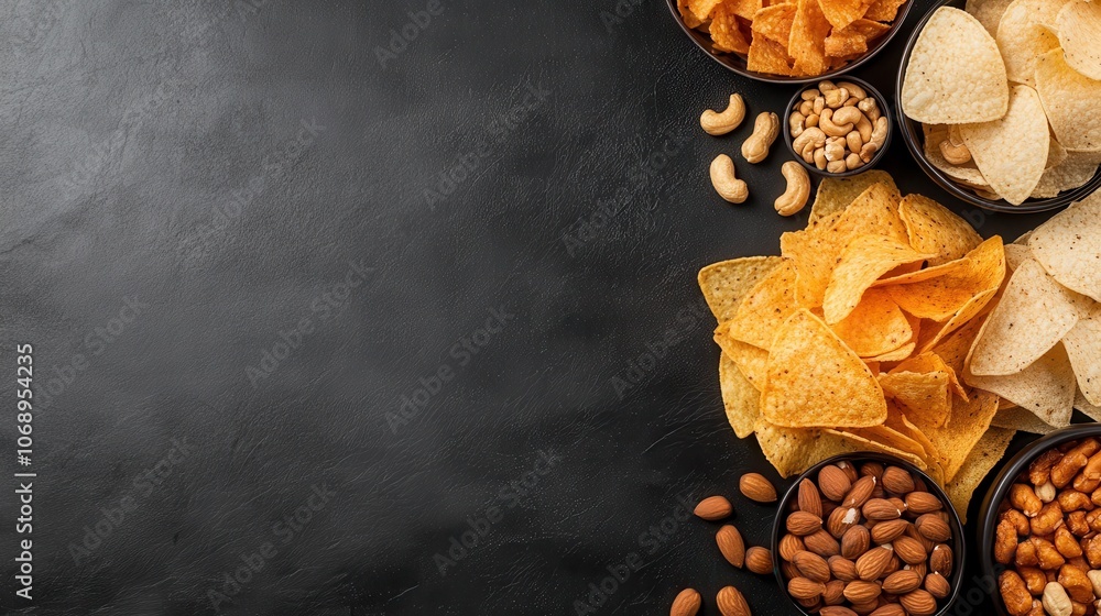 A delightful assortment of crispy snacks, including cashews and almonds, arranged on a dark background, offering a tempting and delicious array of textures and flavors. A delightful assortment of crispy snacks, including cashews and almonds, arranged on a dark background, offering a tempting and delicious array of textures and flavors.