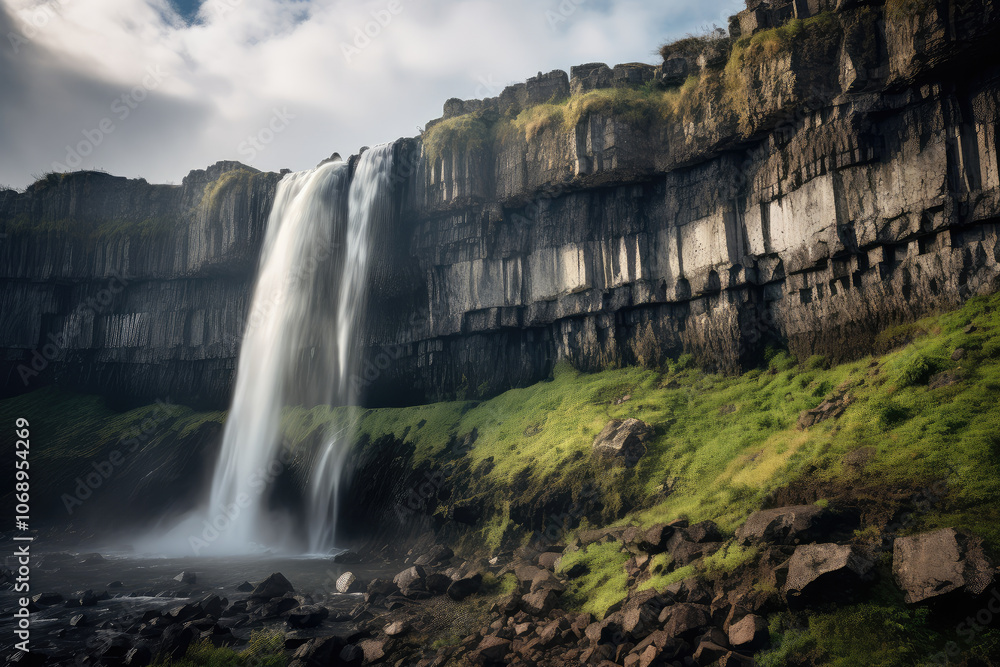 Fototapeta premium Majestic Waterfall Cascading Over Basalt Columns