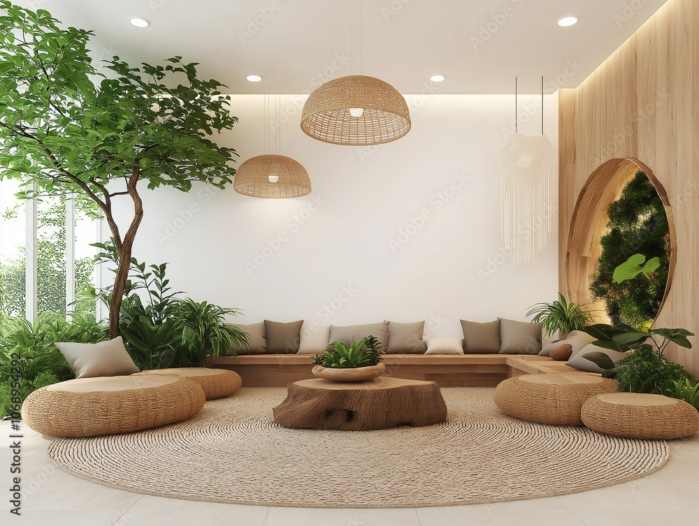 © Kingdola - Serene Zen Lounge: Tranquil and stylish interior design of a modern zen lounge featuring natural elements, organic textures, and a calming atmosphere.