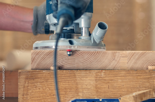 Manual wood router rounding off corners of a wooden plank, detailed woodworking process