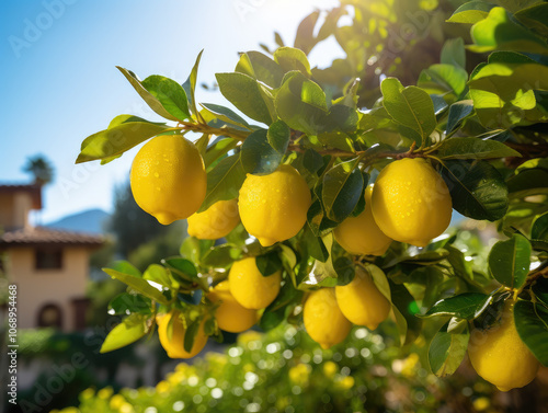 Ripe Lemons Hanging on Tree in Sunlit Orchard