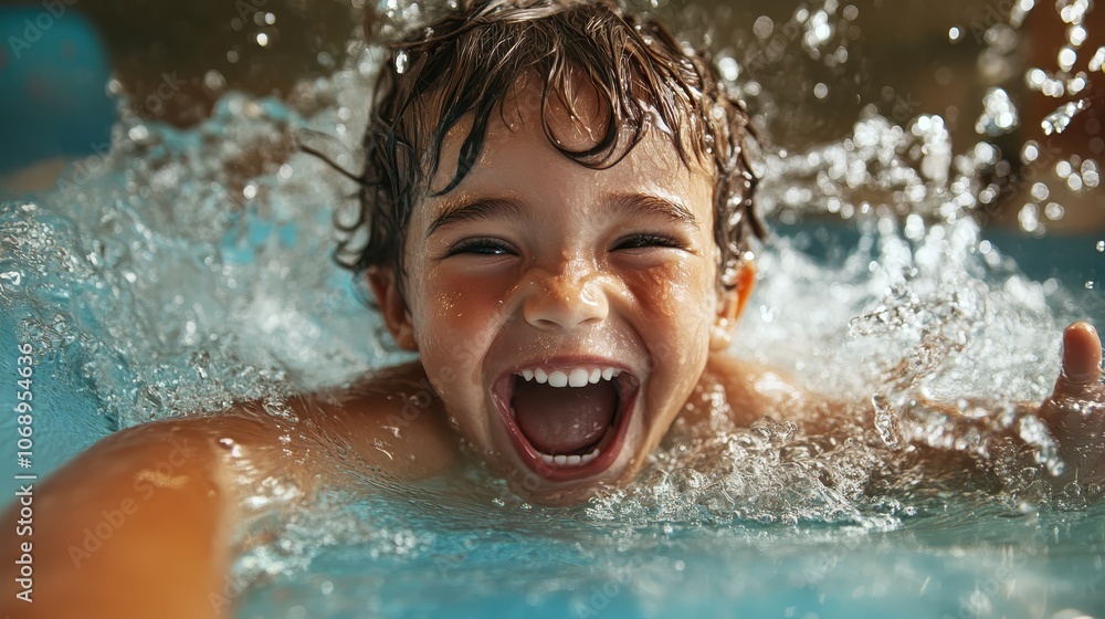 A young child joyfully splashes in a pool, head tilted back and laughing with exuberance. Bright sunlight enhances the cheerful and carefree moment. A young child joyfully splashes in a pool, head tilted back and laughing with exuberance. Bright sunlight enhances the cheerful and carefree moment.