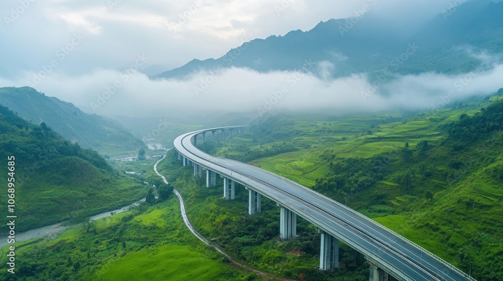 A winding highway through lush green hills and misty mountains, showcasing natural beauty. A winding highway through lush green hills and misty mountains, showcasing natural beauty.