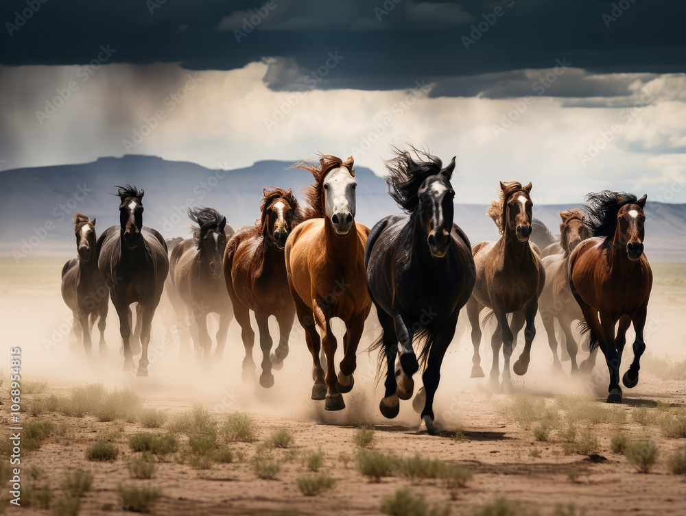 Fototapeta premium Majestic Herd of Wild Horses Galloping in Dusty Wilderness