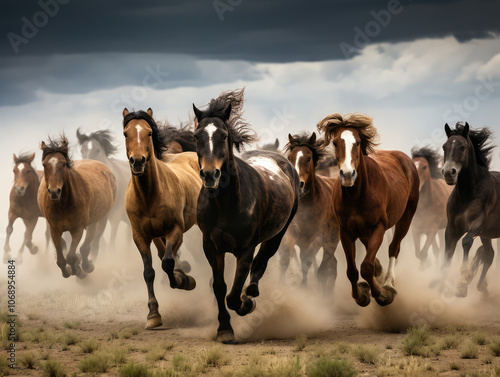 Majestic Wild Horses Galloping in Dusty Terrain