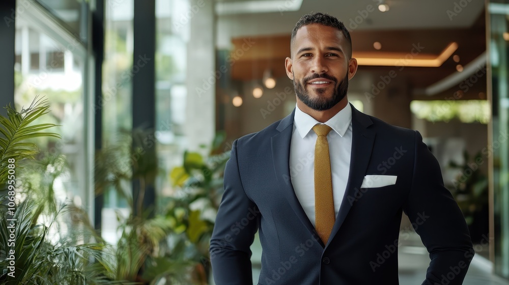 A smiling executive in a stylish dark suit and tie confidently stands in a modern office environment, surrounded by greenery and contemporary architectural details. A smiling executive in a stylish dark suit and tie confidently stands in a modern office environment, surrounded by greenery and contemporary architectural details.