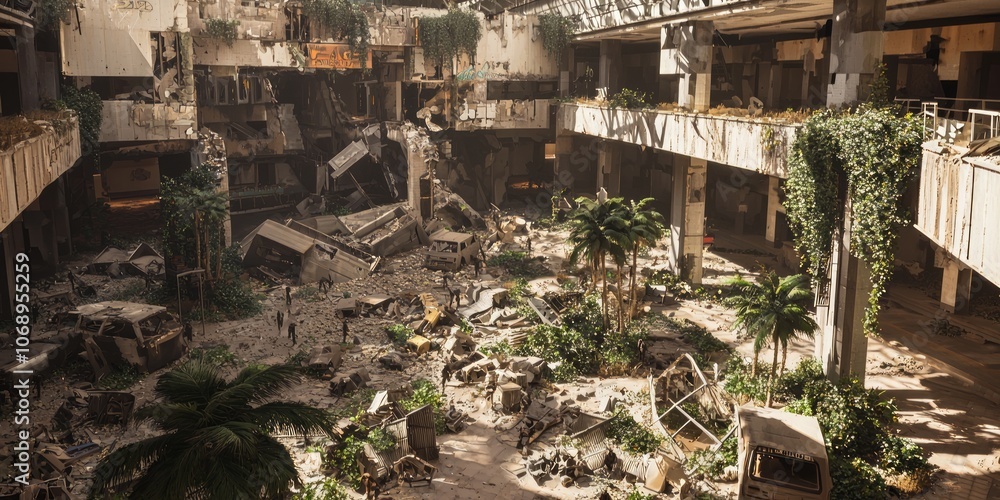 Salvaging in the Desolate Mall: Post-Apocalyptic Scene of Gritty Scavengers Searching for Survival Supplies in Forgotten Civilization Remnants Salvaging in the Desolate Mall: Post-Apocalyptic Scene of Gritty Scavengers Searching for Survival Supplies in Forgotten Civilization Remnants