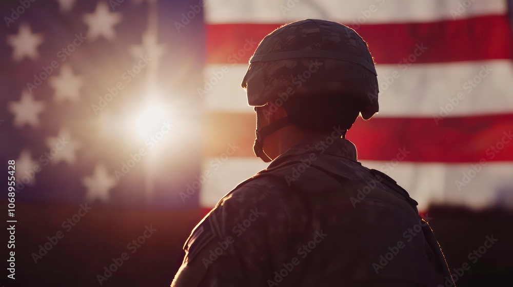 A soldier stands silhouetted against an American flag at sunset, symbolizing patriotism. A soldier stands silhouetted against an American flag at sunset, symbolizing patriotism.