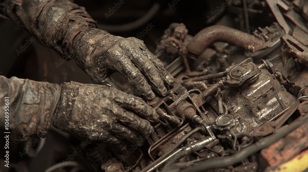 Craftsman of the Wasteland: A Close-Up of a Scavenger's Weathered Hands Repairing a Rusty Engine in Post-Apocalyptic Dieselpunk Setting Craftsman of the Wasteland: A Close-Up of a Scavenger's Weathered Hands Repairing a Rusty Engine in Post-Apocalyptic Dieselpunk Setting