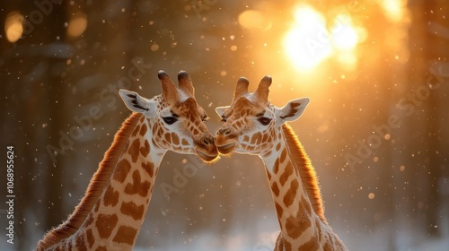 Two giraffes stand nose to nose surrounded snow, woods, and golden sunlight, creating a warm scene reflecting connection and harmony in natural surroundings. photo