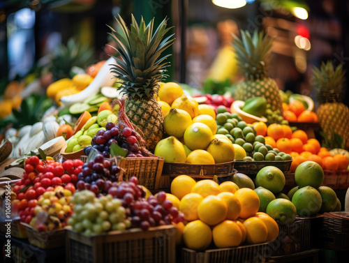 Colorful Assortment of Fresh Fruits at Market Stall