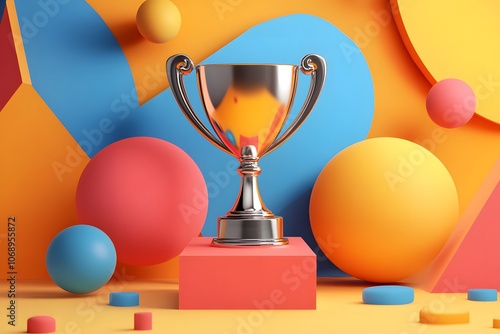 Golden trophy cup, medal, golf club and ball on color background. Space for text Golden trophy standing on colorful podium with two silver trophy photo