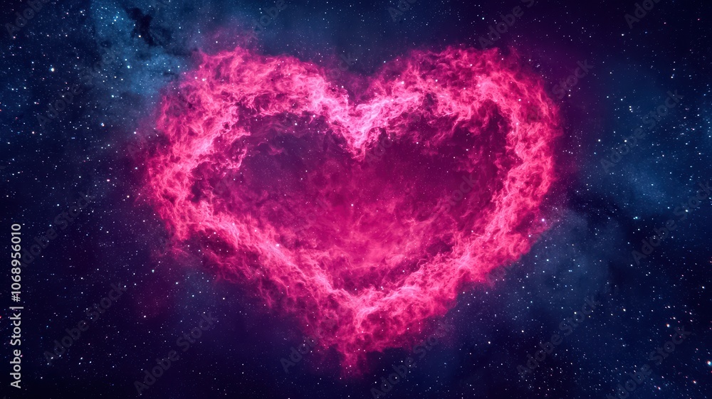 A vibrant pink heart shape emerges from a cosmic background, symbolizing love and connection in a starry universe. A vibrant pink heart shape emerges from a cosmic background, symbolizing love and connection in a starry universe.