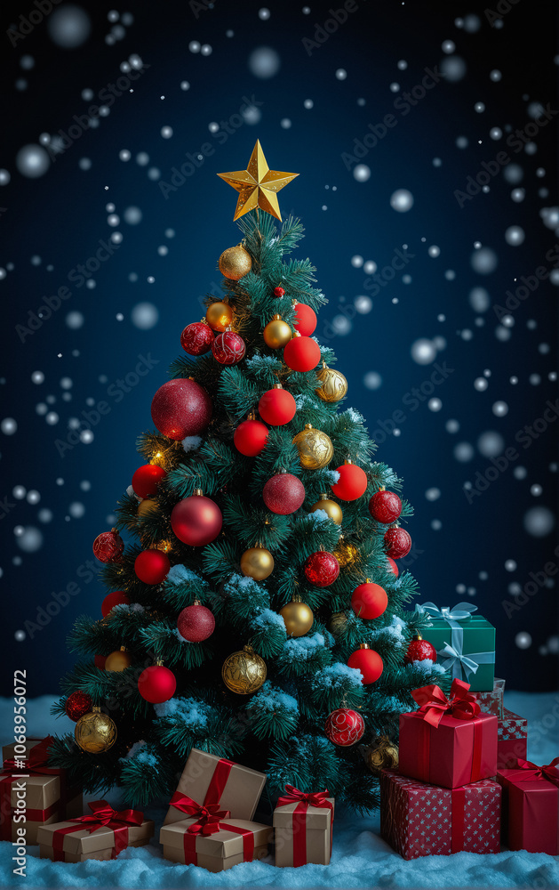 Obraz premium Christmas tree with gifts and falling snowflakes against dark blue background