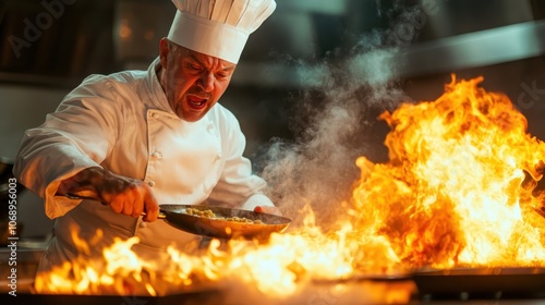 An intense chef energetically cooks on a flaming stovetop, showcasing the passion and artistry involved in culinary masterpieces within a bustling restaurant setting. photo