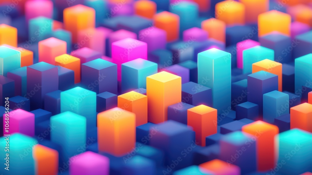 A vibrant array of 3D blocks in shades of pink, purple, and blue, creating a colorful, abstract landscape. A vibrant array of 3D blocks in shades of pink, purple, and blue, creating a colorful, abstract landscape.