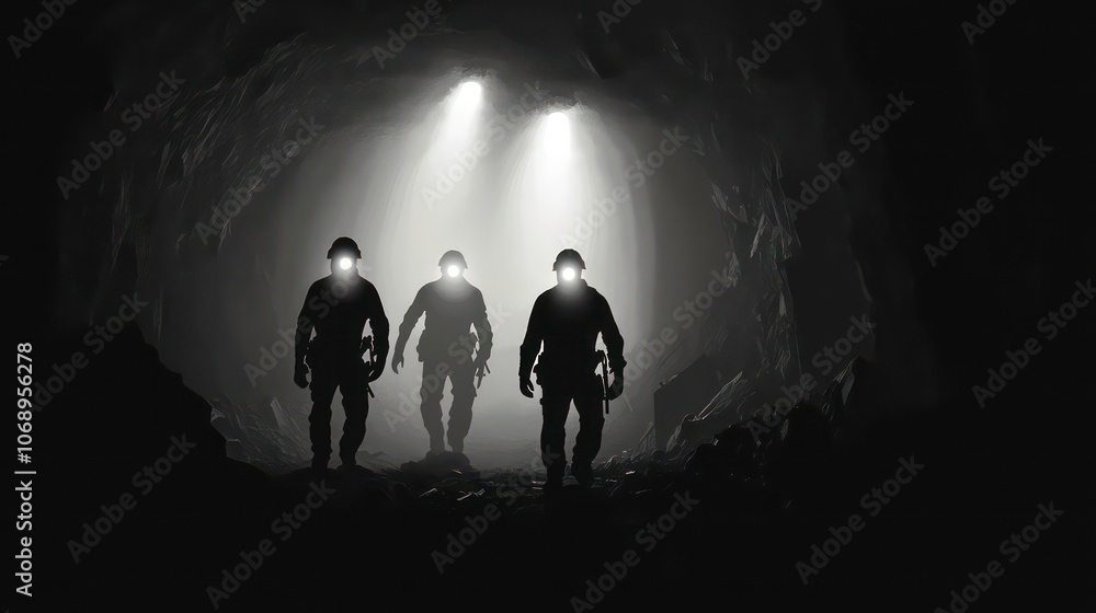 Three figures in protective gear walking through a dark tunnel illuminated by overhead lights. Three figures in protective gear walking through a dark tunnel illuminated by overhead lights.