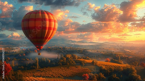 A vibrant oil painting of a colorful hot air balloon floating above a lush green valley at dawn. The soft pastel sky hints at the promise of a new adventure