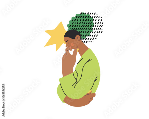 Thinking people, modern flat vector concept illustration- woman standing thoughtfully, looking down, bubble near head Metaphor for reflection, analysis, introspection, contemplation, deep thought