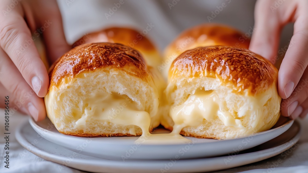 Freshly baked cheesy buns on a plate, showcasing melty insides, warm and inviting. Freshly baked cheesy buns on a plate, showcasing melty insides, warm and inviting.