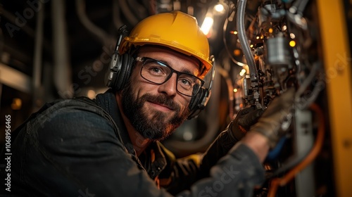 A smiling engineer wearing safety gear maintains machinery with precision, showcasing confidence, technical skill, and the importance of safety in industrial environments.