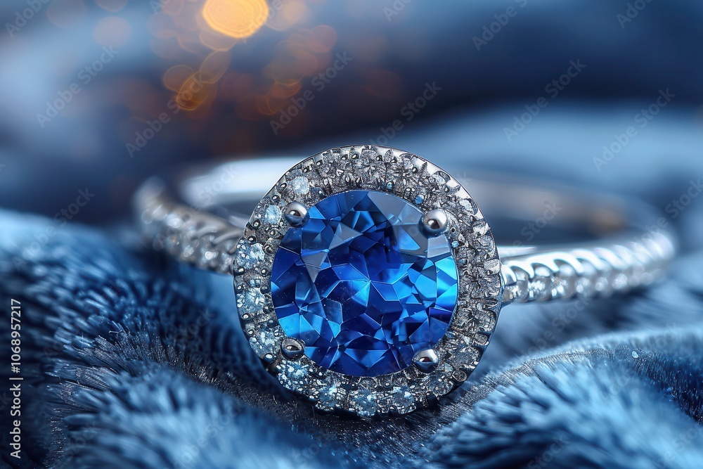 Obraz premium Elegant Blue Gemstone Ring on Soft Fabric