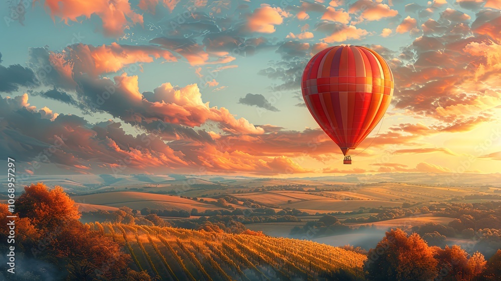 Obraz premium A vibrant oil painting of a colorful hot air balloon floating above a lush green valley at dawn. The soft pastel sky hints at the promise of a new adventure